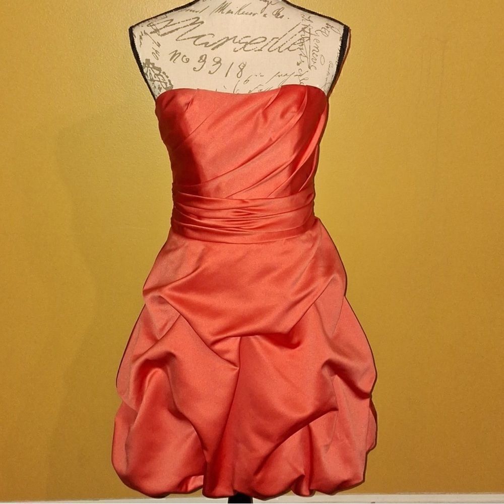Stunning Coral Strapless Ruffled Puffy Dress by David's Bridal